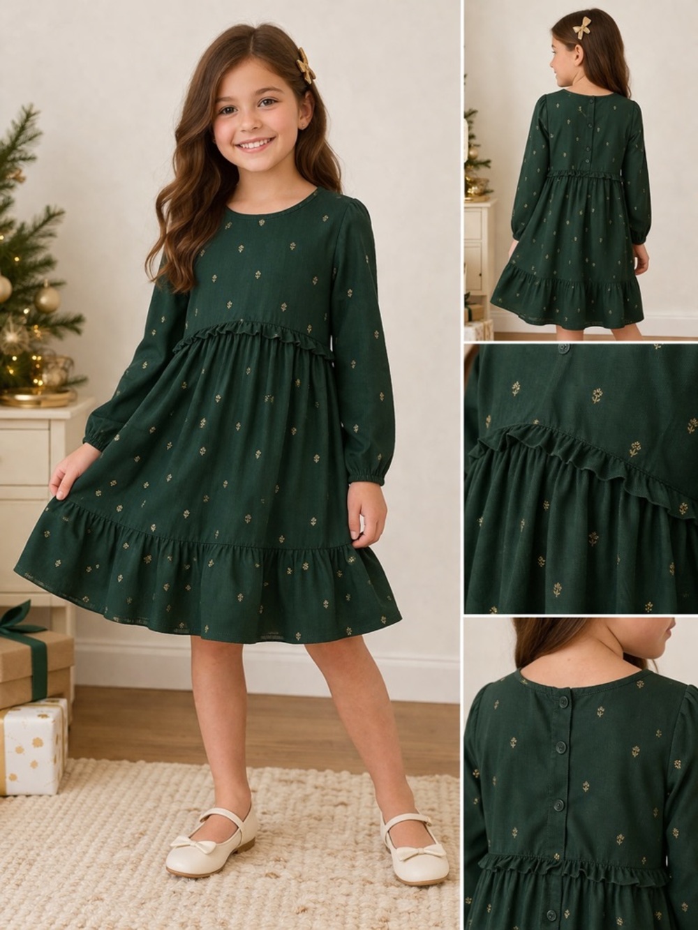 Carter’s Kid Girls Green Gold Floral Dress Size 8 NWT Holiday Ruffle Hem